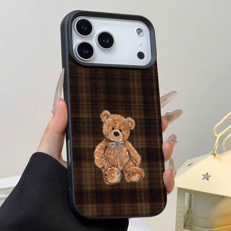 Teddy Bear Phone Case - upright back view showing the plaid pattern and teddy bear